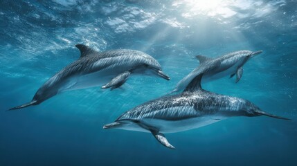 Fototapeta premium Graceful Dolphins Swimming Together in Clear Blue Ocean Waters with Sunlit Surface Reflections