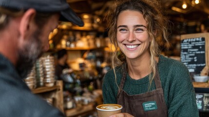 Female barista serving a fresh cup of cappuccino to a customer