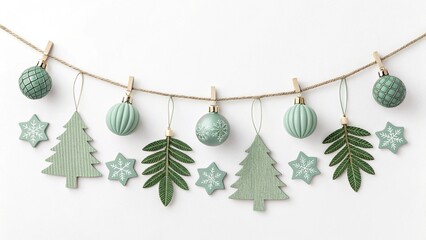 Christmas Decorations Garland Minimalist White Background Concept Decorative holiday garland featuring stars and trees in festive colors.