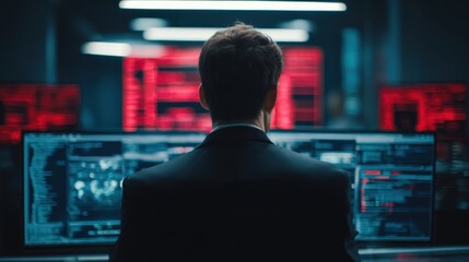 Cybersecurity Analyst Monitoring Data Streams in a Dark Control Room with Multiple Displays