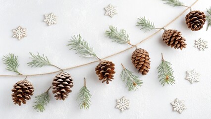 Fototapeta premium Christmas Decorations Garland Minimalist White Background Concept Decorative pinecones and leaves on a snowy background create a wintery atmosphere.