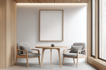 Modern Interior with Empty Frame, Wooden Accents, Comfortable Seating, and Natural Light for Customizable Mockup