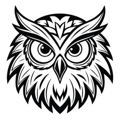 Intense Black and White Owl Head Illustration;  Bold Graphic Design;  Vector Art;  Powerful, Majestic, and Wise Bird Portrait;  Perfect for Branding or Mascot.