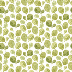 Watercolour green olive color leaves illustration seamless pattern. On white background. Hand-painted. Floral elements, leaves, leaf watercolor. Wallpaper, wrapping paper, texture, textile, design