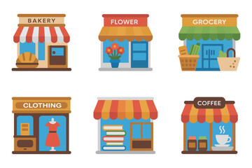 Retail shop and market icon set, bakery flower grocery clothing bookstore coffee vector, storefront illustration, business collection, shop design