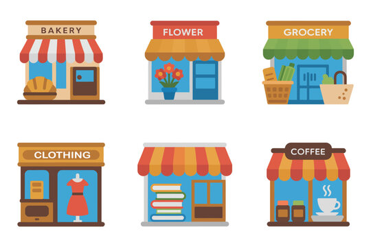 Retail shop and market icon set, bakery flower grocery clothing bookstore coffee vector, storefront illustration, business collection, shop design