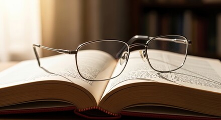 Sunlit Study: Eyeglasses Cast a Shadow on an Open Book's Pages