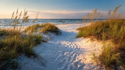 Fototapeta premium A sandy path leads through dunes covered in sea oats toward a calm ocean under a beautiful, colorful sky at sunset.