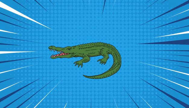 Illustration of a green crocodile with an open mouth on a blue comic book style background