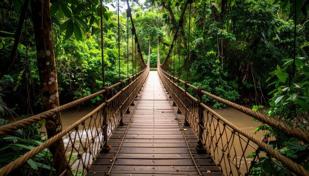 Fototapeta Wooden Suspension Bridge In Lush Rainforest