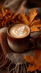 Cozy autumn coffee cup with latte art and fall leaves for a warm and inviting seasonal beverage break