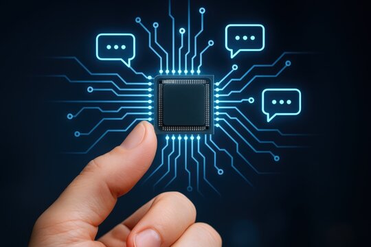 Futuristic Microchip Communication: Hand Holding Central Processing Unit with Glowing Network and Speech Bubbles Illustration - Powered by Adobe