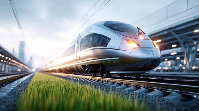 Fototapeta Modern High-Speed Train at Station: Advanced Transportation and Green Energy Efficiency in Futuristic Design