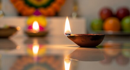 Close-up of a lit diya lamp with a bright flame, reflecting on a surface, with other lamps and decorations in the background.
