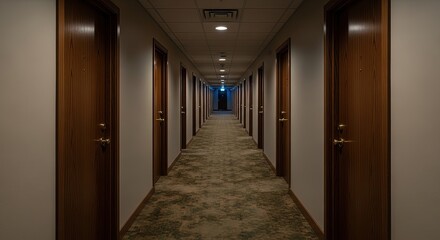 Symmetrical Vanishing Point in a Dimly Lit, Mysterious Hotel Corridor