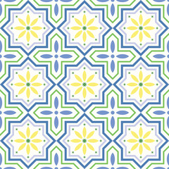 Blue Yellow and Green tiles seamless pattern Azulejo tile vector pattern. for wallpaper, web page background,surface textures, floor