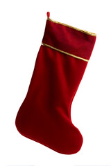 Single red Christmas stocking with white top on light background. Holiday symbol perfect for gift designs, mockups or seasonal visuals.