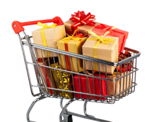 Retail Shopping Cart with Presents and Gift Bags PNG