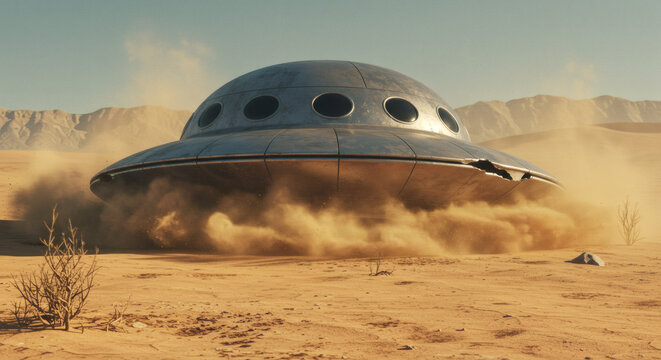 A 1950s-style alien flying saucer crash-landed in a desert, with retro-futuristic design and vintage sci-fi poster vibes