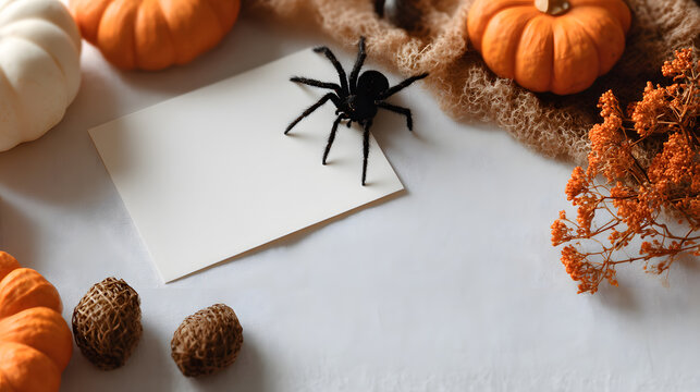 Halloween card mockup with spiders and pumpkins. Great for personalized messages, seasonal greetings or spooky promotional designs.