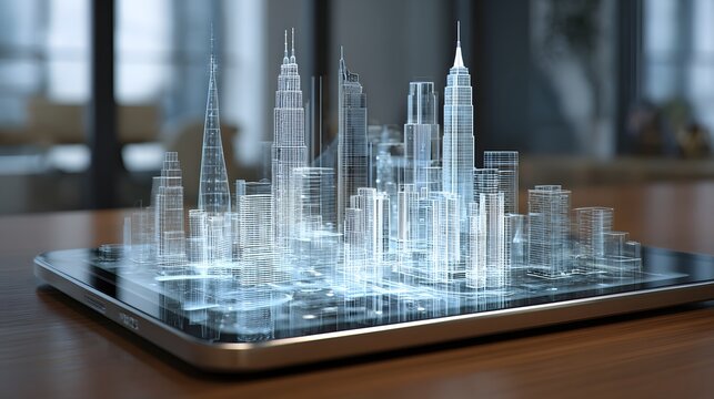 Digital cityscape model displayed on a tablet.