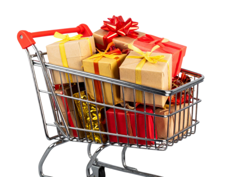 Retail Shopping Cart with Presents and Gift Bags PNG