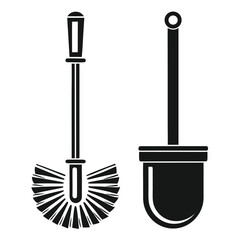 Simple Black and White Vector Icons: Toilet Bowl Brush and Plunger, Bathroom Cleaning Supplies, Minimalist Style, Hygiene and Sanitation Graphics for Website or App Design.