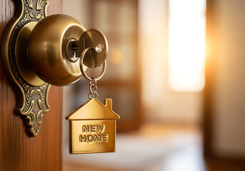 Golden Key in Door of New Home A Symbol of Homeownership Dreams and Real Estate Investment