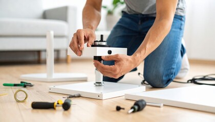 Man Assembling White Furniture Legs On Wooden Floor