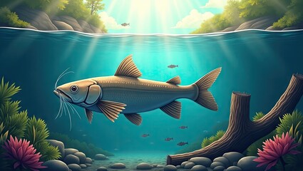 A large fish swims through a sunlit underwater scene.