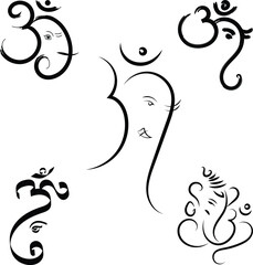 Hand drawn black and white Om and lord Ganesha icon vector illustration for Indian wedding and Ganesh Chaturthi festival