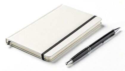 top view Blank White Notebook and Black Pen on White Background 