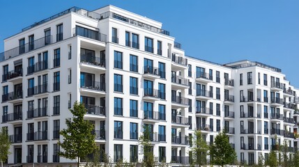 Fototapeta premium Modern apartment building complex against a clear sky.