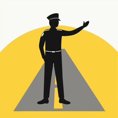 Silhouette of a traffic officer directing traffic on a road, minimalist style, conveying safety and guidance in a simple, bold graphic.