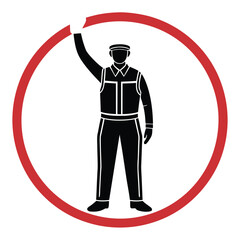 Stop Signal:  Black Silhouette of a Security Officer in Uniform, Raising Hand in a Red Circular Frame;  Simple, Bold Graphic;  Safety and Security Concept Illustration.