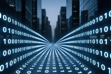 Digital Data Stream Flowing Through Cityscape, Representing Connectivity, Data Transfer, and Modern Technology