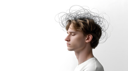 Man  with tangled scribbles above head. Concept of stress, confusion, and cognitive overload.