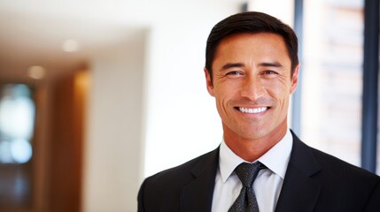 Fototapeta premium A smiling Asian man in a professional black suit and white dress shirt with a dark tie stands confidently in an office s
