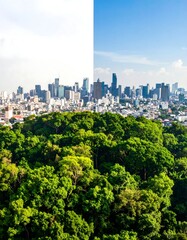 Obraz premium Lush green forest contrasting a vibrant cityscape split by a stark, vertical line