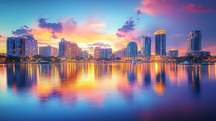 Fototapeta premium Cityscape Reflection at Sunset, Waterfront Skyline with Colorful Sky