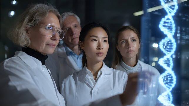 Science team observing digital interface with DNA strand. Concept for modern genetics, research collaboration and scientific development.