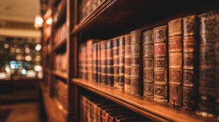 A collection of old books neatly arranged on wooden shelves in a well lit environment with weathered covers,