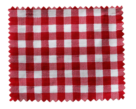 Red gingham fabric patch with tiny check pattern square shape white and red color textile material isolated on transparency background classic style crisp texture cheerful mood