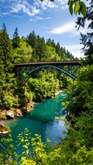 Lush green forest surrounds a teal river flowing under a metal arch bridge on a sunny day