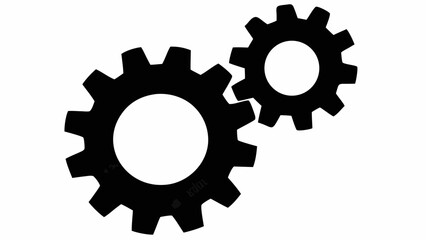 Two black gears with cog teeth interlocked on a white background representing mechanical engineering concept silhouette