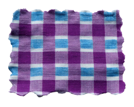 Purple gingham fabric patch with blue and white check pattern, textured cotton material, square shape, isolated on white, suitable for sewing, crafts, and textile design