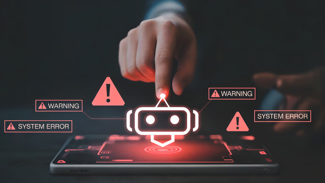 Human touching robot interface showing critical system error warnings