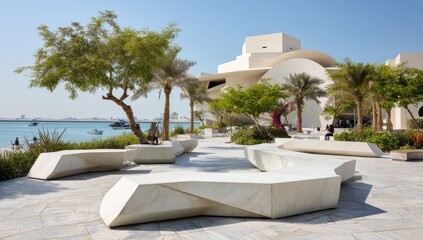 Obraz premium Modern art museum plaza with sculpted benches, palm trees, and waterfront views