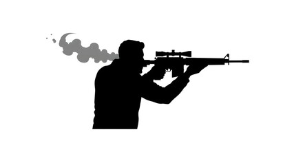 Black silhouette of a sniper aiming a rifle with a scope. A vector illustration of a shooter firing a weapon, with smoke emerging from the barrel.