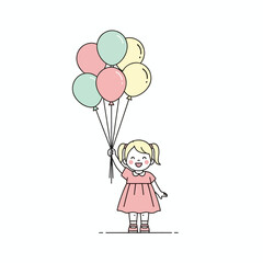 Happy cartoon girl with blonde pigtails holding a bunch of colorful pastel balloons.